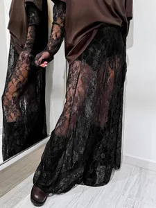 Jupe longue élégante en dentelle noire transparente, taille haute, coupe évasée