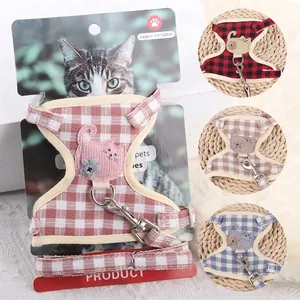 Cotton Plaid Cat Harness And Leash Set Adjustable Escape-Proof Breathable Vest Style Walking Lead For Kittens Small Pets