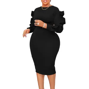 Elegant plus size black bodycon midi dress featuring stylish tiered ruffled sleeves