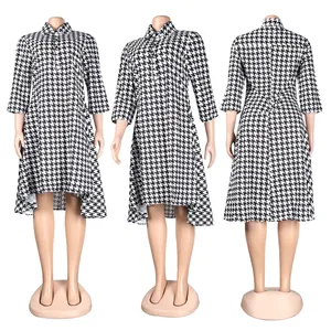 Three-way detailed view of stylish black and white houndstooth dress with high-low hem