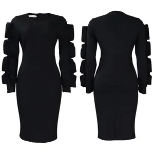 Elegant black long-sleeved dress with unique ruffle sleeve details shown front and back.