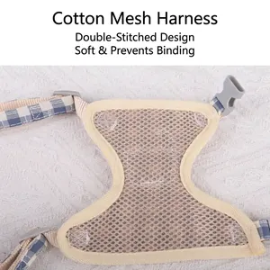 Comfortable breathable cotton mesh cat harness vest featuring adjustable blue plaid straps