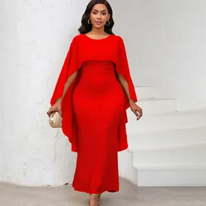Elegantes rotes Abendkleid für Partys mit Chiffon-Cape und funkelndem Pailletten-Bodycon-Rock
