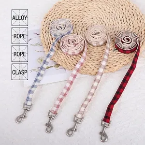 Durable adjustable plaid cotton pet traction leashes with alloy clips for cats and dogs