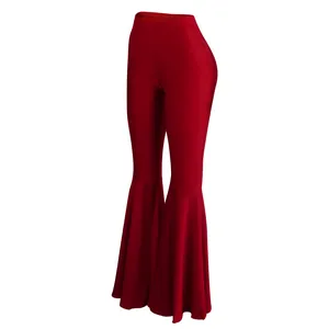 Pantalones de campana rojos sexys de talle alto con dobladillo con volantes y corte ajustado