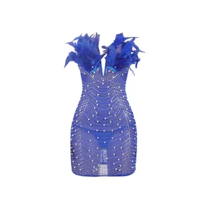 Detailansicht eines sexy blauen Mesh-Kleides mit Federn, Perlen und Strasssteinen