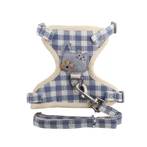 Adjustable blue plaid cotton cat harness and leash set with cute cat embroidery