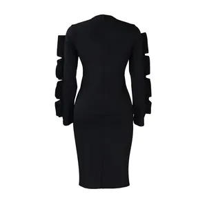 Rear view of elegant black long sleeve bodycon dress with stylish ruffle sleeve detail