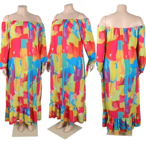 Multiple views of a colorful off-shoulder maxi dress with long sleeves and vibrant prints