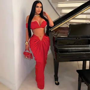 Sexy red two-piece set with strapless bandeau top and draped maxi skirt outfit