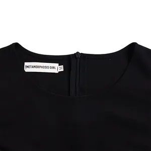 Detailed macro shot showing the black dress neckline with brand label and back zipper
