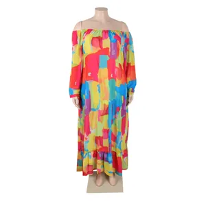Detail of colorful abstract print off-the-shoulder long sleeve maxi dress for women