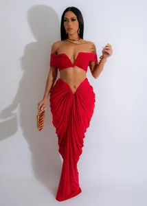 Elegant sexy red off-shoulder crop top and draped maxi skirt two-piece set detail