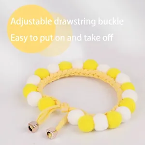 Yellow and white pom-pom knitted pet collar with adjustable drawstring
