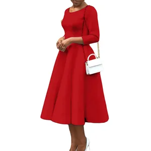 Elegantes rotes Langarm-Midikleid mit A-Linien-Swingrock für formelle Abendpartys