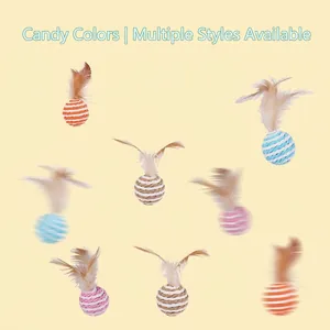 Colorful feather paper rope ball toys for interactive cat play in various candy colors