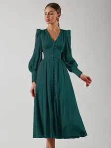 Elegante Satijn Franse Stijl Lantaarnmouwen Midi Jurk Voor Vrouwen V-Hals Single Breasted Hoge Taille A-Lijn Jurk