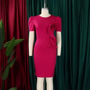 Elegant magenta bodycon dress featuring ruffle and 3D flower detail on mannequin