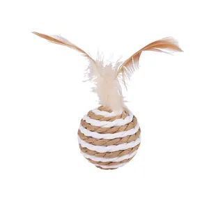 Interactive cat toy featuring a brown and white paper rope ball with natural feathers.