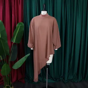 Elegant brown summer chiffon tunic dress with asymmetrical hemline and loose long sleeves