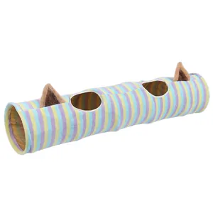 Tunnel pieghevole per gatti a strisce colorate con orecchie di peluche e due fori