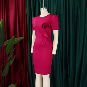 Elegant rose red bodycon dress with 3D floral accent and ruffle detail