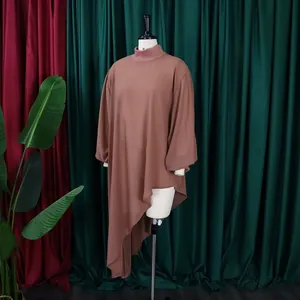 Detailed view of high-neck mauve asymmetrical hem chiffon plus-size loose dress