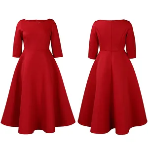 Elegantes, einfarbiges rotes A-Linien-Abendkleid mit 3/4-Ärmeln, Vorder- und Rückansicht