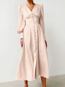 Elegante Franse stijl satijnen maxi-jurk met lantaarnmouwen en een knoopsluiting