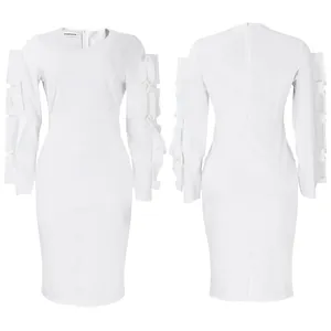 Front and back view of a white long-sleeve elegant midi dress with ruffled sleeves.