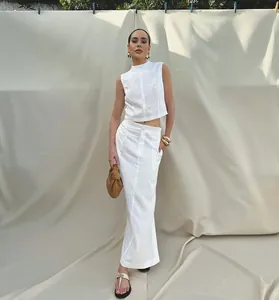Women's minimalist white linen sleeveless top and long skirt two-piece set outfit