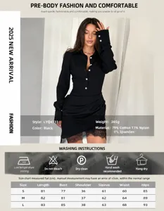 Detailed size guide and washing instructions for elegant black slim-fit lace long sleeve dress