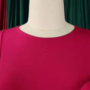 Close-up of the round neckline and textured fabric on a magenta short sleeve dress
