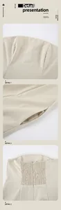 Detailaufnahmen eines khakifarbenen trägerlosen Kleides aus Baumwollleinen mit Stoffdetails