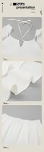 Gros plans détaillés d'un ensemble en lin blanc avec manches volantées et taille élastique.