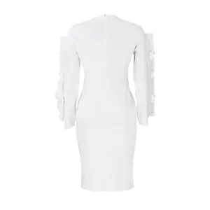 Elegant white long-sleeved bodycon dress featuring unique ruffled sleeve detailing.