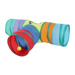 Tunnel pieghevole arcobaleno a tre vie per gatti con pallina appesa per interni