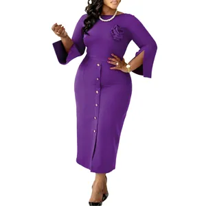 Robe midi violette élégante grande taille avec col rond et manches cloches stylées