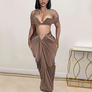 Sexy brown two-piece clothing set with off-shoulder crop top and pleated maxi skirt
