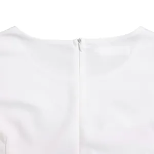 Close-up detail of white plus size dress back neckline with hidden zipper closure.