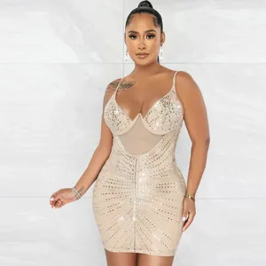 Vestido lencero sexy color champán con brillantes diamantes de imitación para fiestas