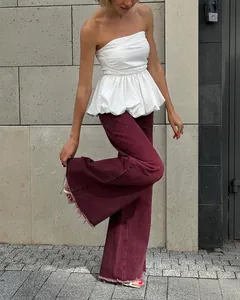 Κομψό γαλλικό λευκό στράπλες peplum τοπ με λεπτομέρεια στη μέση για γυναίκες το καλοκαίρι
