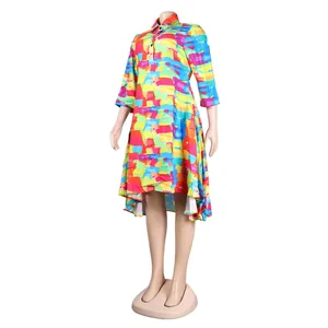 Vibrant slim-fit lapel dress featuring colorful paint stroke print and high-low hem