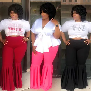 Pantalones de campana con volantes de talla grande en burdeos rosa y negro para fiesta