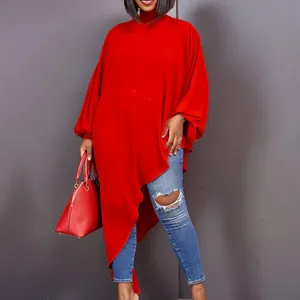 Elegant red asymmetrical chiffon dress for women featuring a high-neck and loose fit