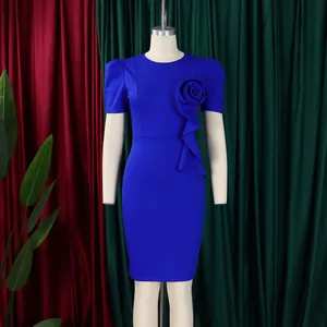 Elegant royal blue bodycon dress for women with ruffled flower detail and short sleeves