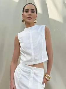 Chic minimalist white linen sleeveless top and matching skirt two piece set for summer