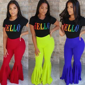 Pantalón de campana sexy de talle alto con volantes en rojo verde y azul