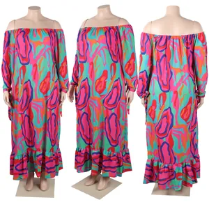 Detailed view of colorful abstract print off-shoulder maxi dress from three angles