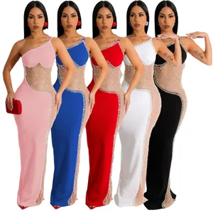 Abito da sera sexy monospalla in rete con strass e perle disponibile in 5 colori